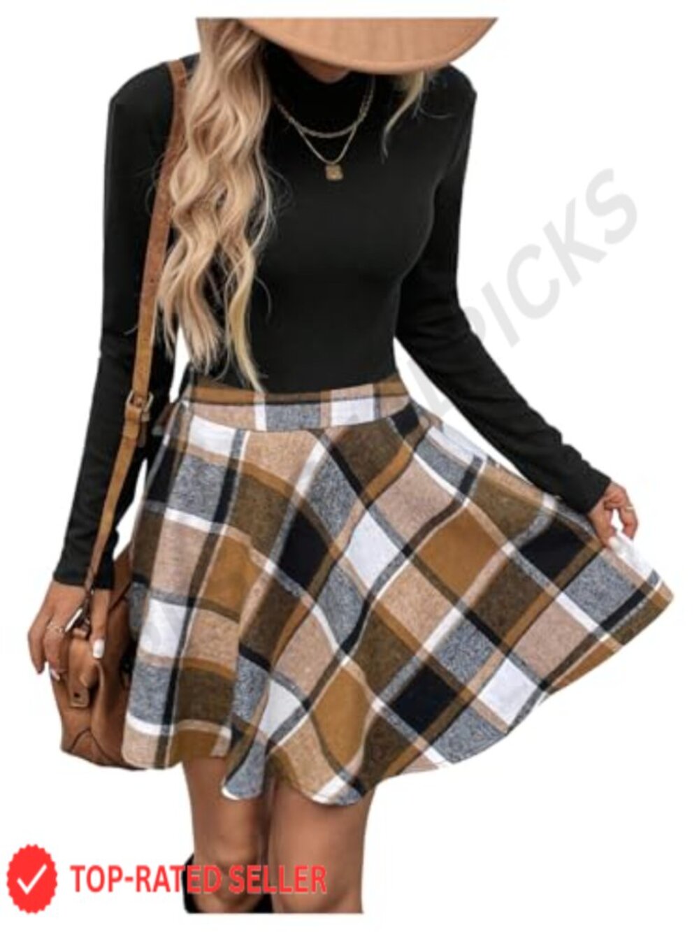 Women's 2 Piece Knit Set Long Sleeve Turtleneck Top & Plaid Skirt Set Fall